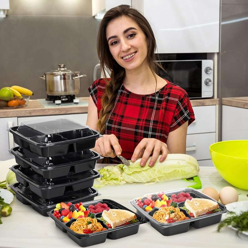 Noamus 30 Pack (60-Pcs) Meal Prep Containers, 4 Compartment Bento Lunch Box with Lid, Disposable Plastic Food Storage To Go, 34oz Portion Control Take Out Box for Adult, Not Microwave Dishwasher Safe - Image 8