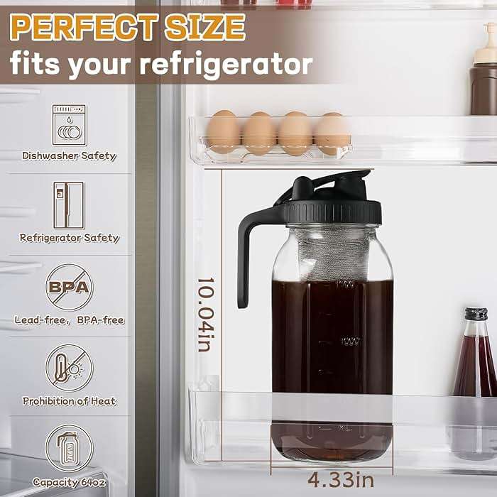 DWTS DANWEITESI Cold Brew Coffee Maker 64 oz,2-Quart Wide Mouth Cold Brew Maker with Stainless Steel Cold Brew Filter-Mason Jar Pitcher with Lid and Spout for Coffee,Iced Coffee Accessories(Black) - Image 3