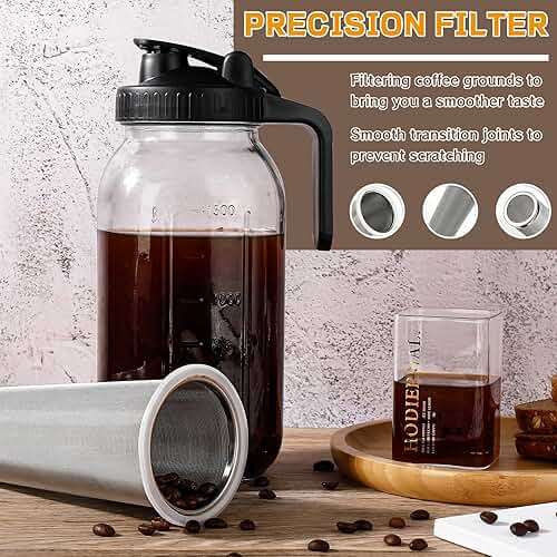 DWTS DANWEITESI Cold Brew Coffee Maker 64 oz,2-Quart Wide Mouth Cold Brew Maker with Stainless Steel Cold Brew Filter-Mason Jar Pitcher with Lid and Spout for Coffee,Iced Coffee Accessories(Black) - Image 4
