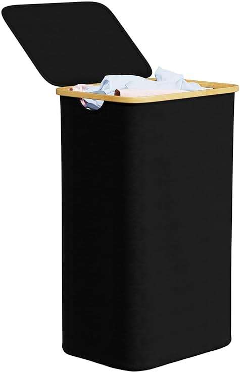 SpaceAid Laundry Hamper with Lid, 110L Large Tall Clothes Basket Bin with Bamboo Handles, Collapsible Laundry Hamper for Bedroom, Bathroom, Dorm, Laundry Room - Black - Image 1