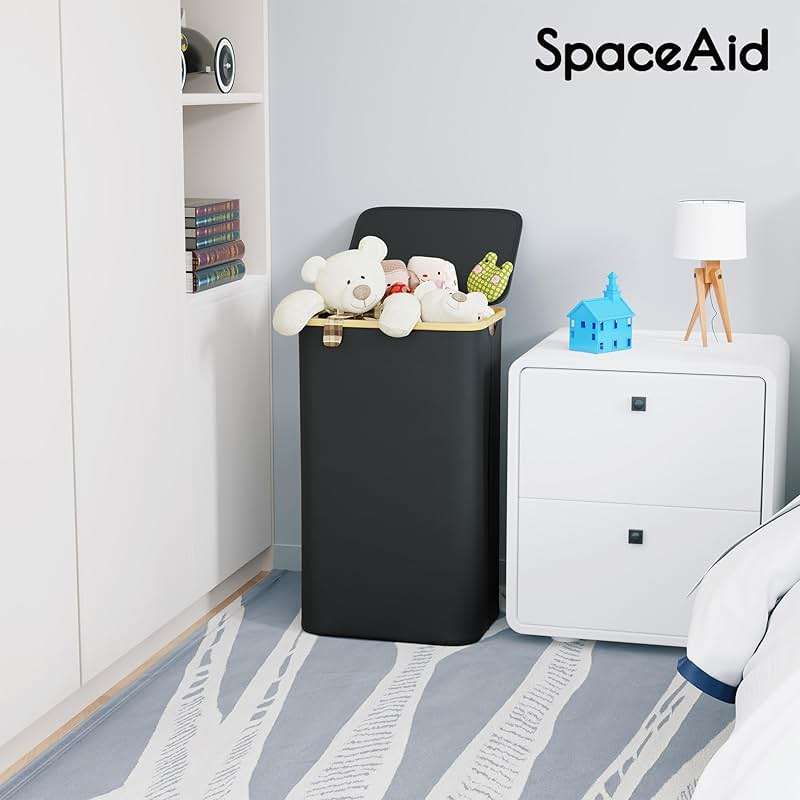 SpaceAid Laundry Hamper with Lid, 110L Large Tall Clothes Basket Bin with Bamboo Handles, Collapsible Laundry Hamper for Bedroom, Bathroom, Dorm, Laundry Room - Black - Image 2