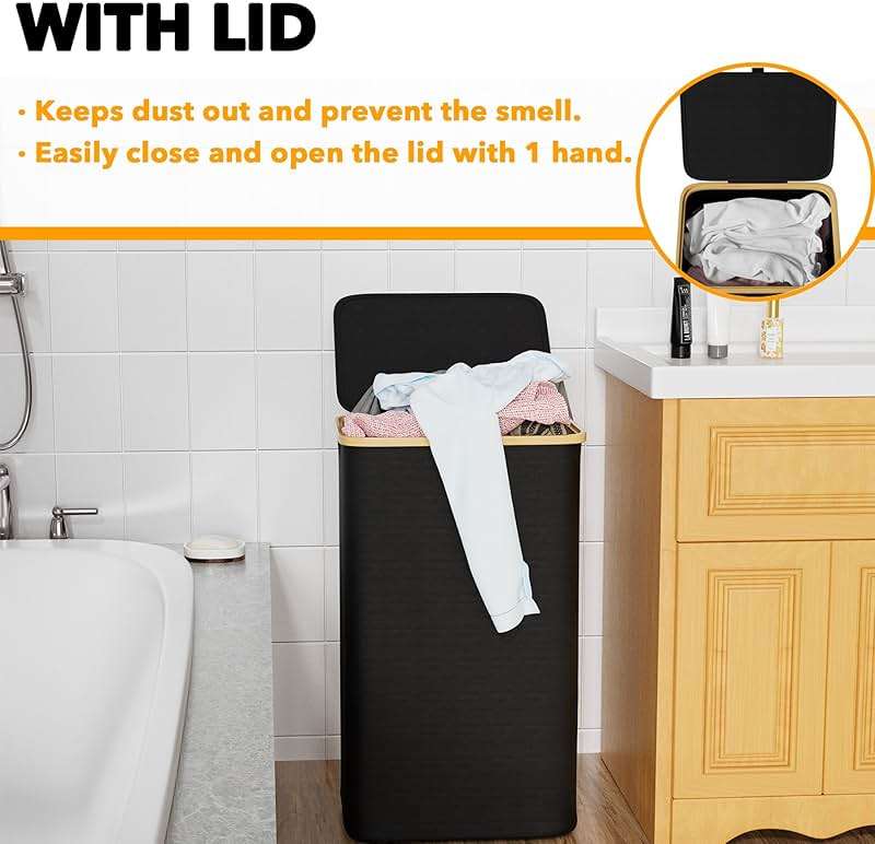 SpaceAid Laundry Hamper with Lid, 110L Large Tall Clothes Basket Bin with Bamboo Handles, Collapsible Laundry Hamper for Bedroom, Bathroom, Dorm, Laundry Room - Black - Image 5
