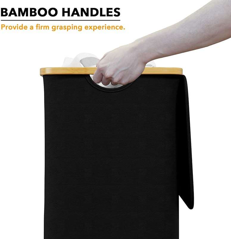 SpaceAid Laundry Hamper with Lid, 110L Large Tall Clothes Basket Bin with Bamboo Handles, Collapsible Laundry Hamper for Bedroom, Bathroom, Dorm, Laundry Room - Black - Image 6