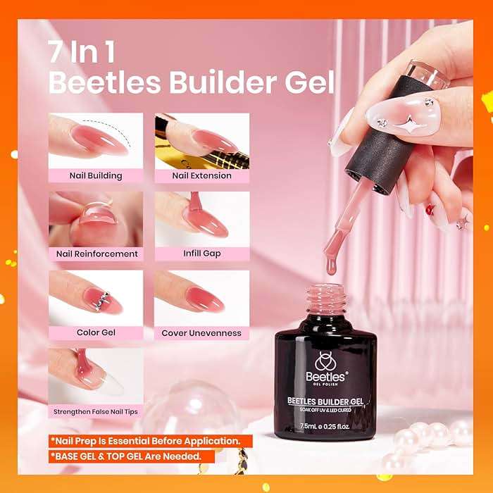 Beetles Builder Gel Set,6 Colors Jelly Clear Pink Nude Building Gel,8 in 1 for Instant Apex Thickening,Strengthening Weak Nails & Extension,Beginners DIY Salon at Home Gifts,UV & LED Lamp Needed - Image 4