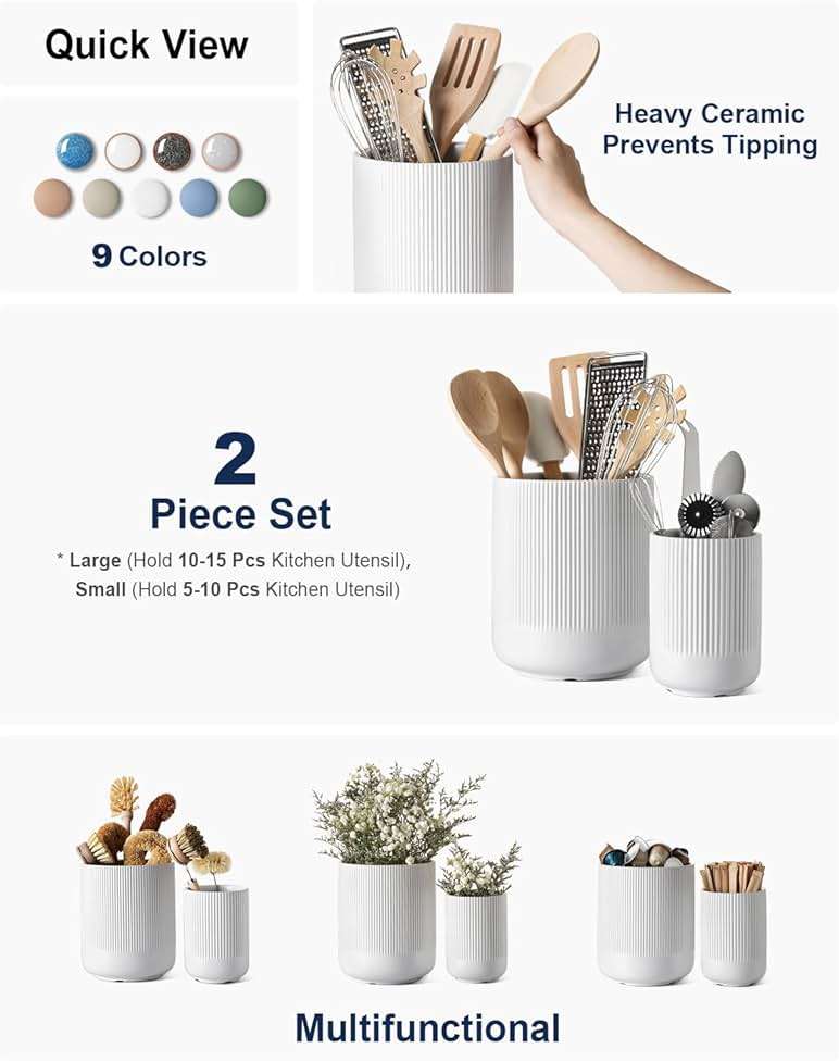 LE TAUCI Utensil Holder for Kitchen Counter, 7.3"+5.4" Fluted Ceramic Utensil Crock Organizer for Countertop, Heavy Large Holder for Spatulas, Spoons, Set of 2, White, Kitchen Counter Decor - Image 4