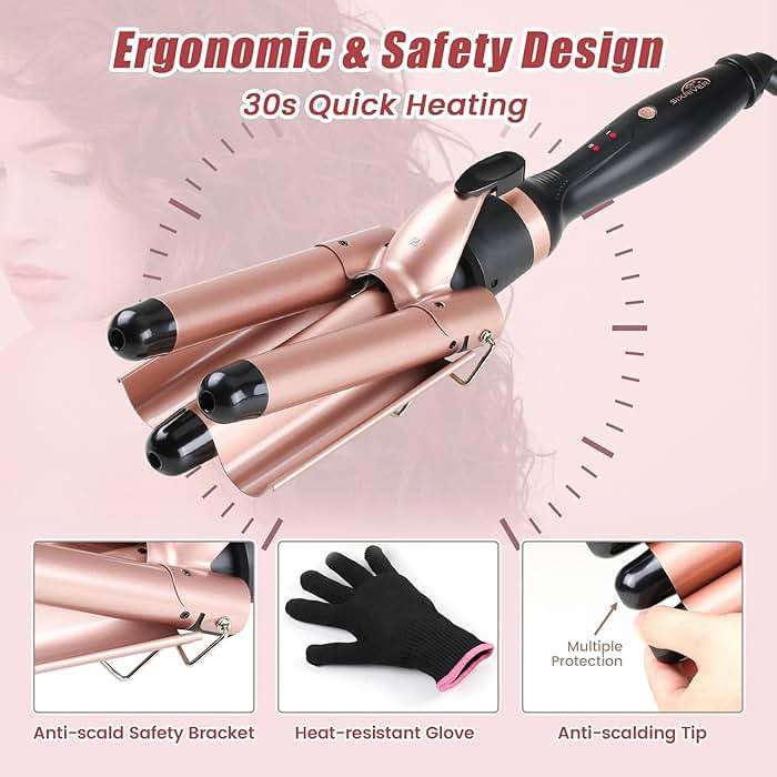 Sixriver Triple Barrel Curling Wand - Fast Heating, 2-LED Temp Control, Auto Shut-Off, Beachy Waves & Mermaid Crimper Style, Mother's Day Gift - Image 5