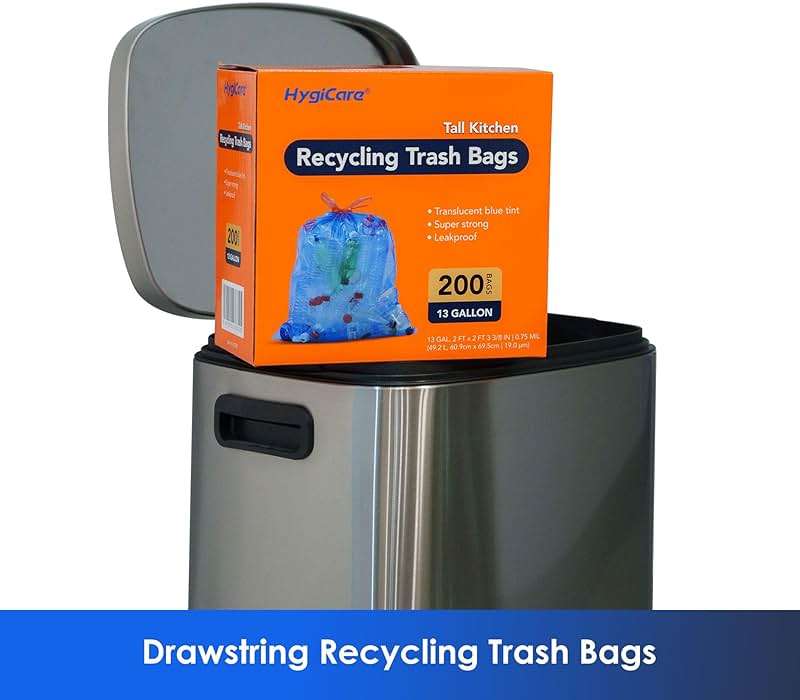 HygiCare 13 Gallon Recycling Trash Bags, Unscented 200 Count Drawstring Tall Kitchen Garbage Bags, Pre-Separated, Ultra Strong, Leakproof, Sturdy, Translucent Blue - Image 2