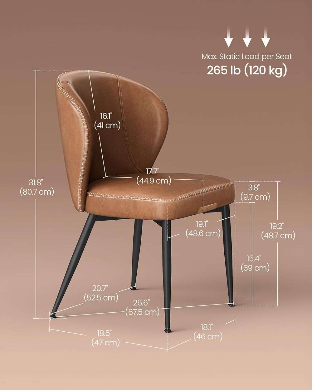 VASAGLE EKHO Collection - Dining Chairs Set of 2, Upholstered Kitchen Chairs, Comfortable Seat, Synthetic Leather with Stitching, Mid-Century Modern, Easy Assembly, Living Room Lounge, Caramel Brown - Image 2
