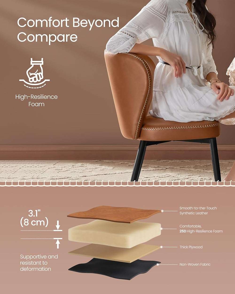 VASAGLE EKHO Collection - Dining Chairs Set of 2, Upholstered Kitchen Chairs, Comfortable Seat, Synthetic Leather with Stitching, Mid-Century Modern, Easy Assembly, Living Room Lounge, Caramel Brown - Image 7