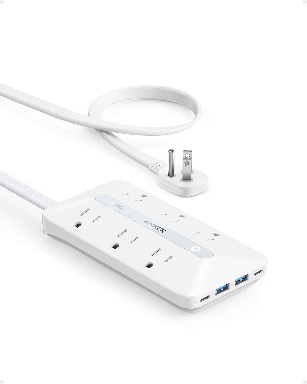 Anker Power Strip with 300J Surge Protector, Flat Plug Extension Cord with Multiple Outlets, 6 AC, 2 USB A & 2 USB C Ports for 20W, 5ft Outlet Extender, Dorm Room Essentials, Home Office - Image 1