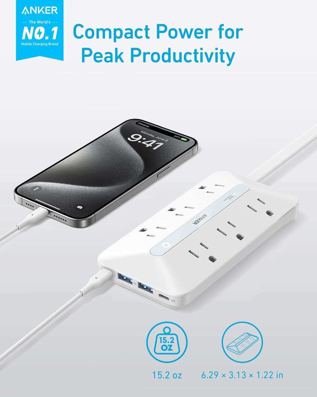 Anker Power Strip with 300J Surge Protector, Flat Plug Extension Cord with Multiple Outlets, 6 AC, 2 USB A & 2 USB C Ports for 20W, 5ft Outlet Extender, Dorm Room Essentials, Home Office - Image 2