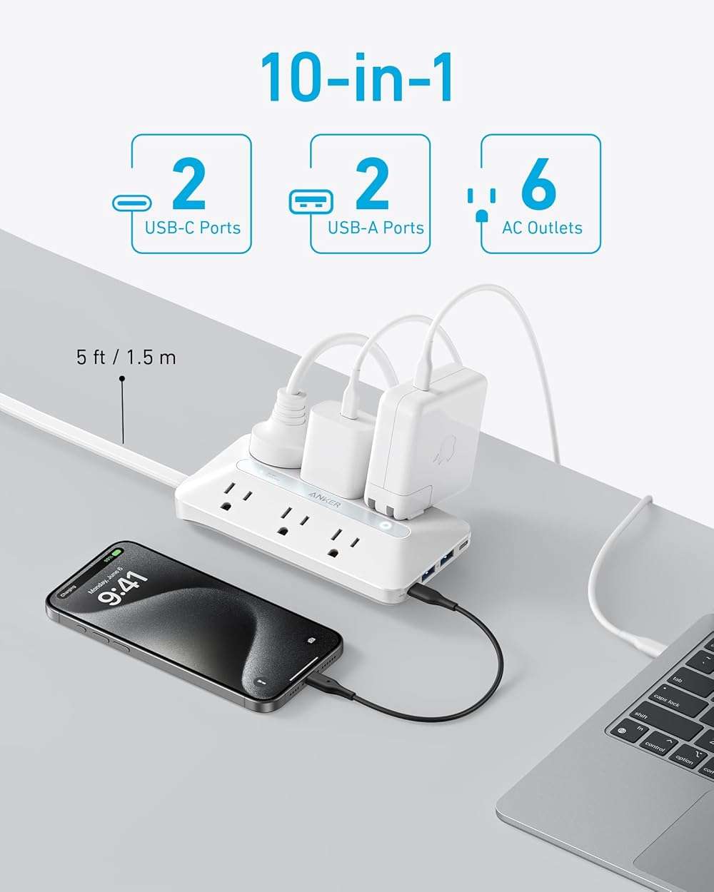 Anker Power Strip with 300J Surge Protector, Flat Plug Extension Cord with Multiple Outlets, 6 AC, 2 USB A & 2 USB C Ports for 20W, 5ft Outlet Extender, Dorm Room Essentials, Home Office - Image 3