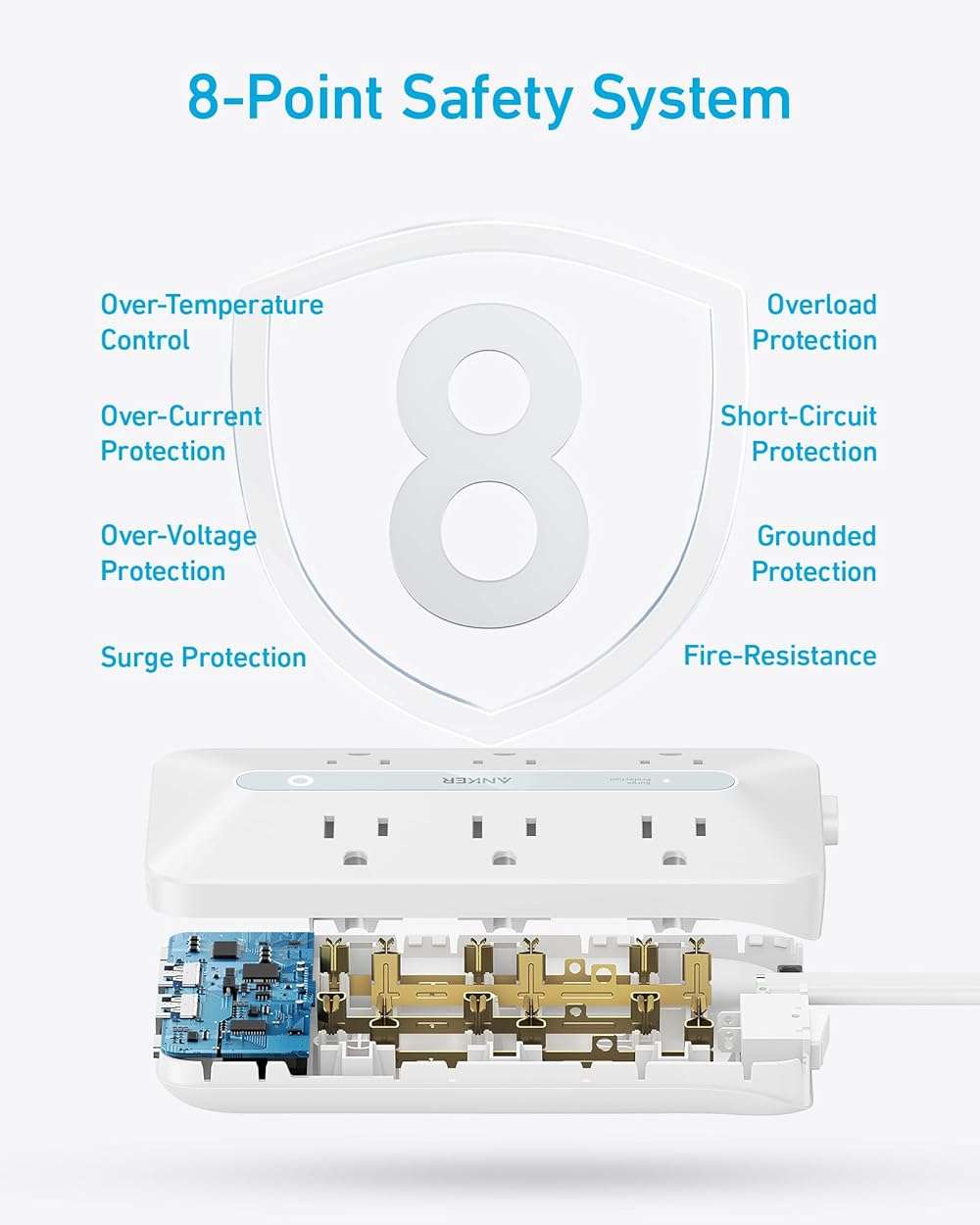 Anker Power Strip with 300J Surge Protector, Flat Plug Extension Cord with Multiple Outlets, 6 AC, 2 USB A & 2 USB C Ports for 20W, 5ft Outlet Extender, Dorm Room Essentials, Home Office - Image 6