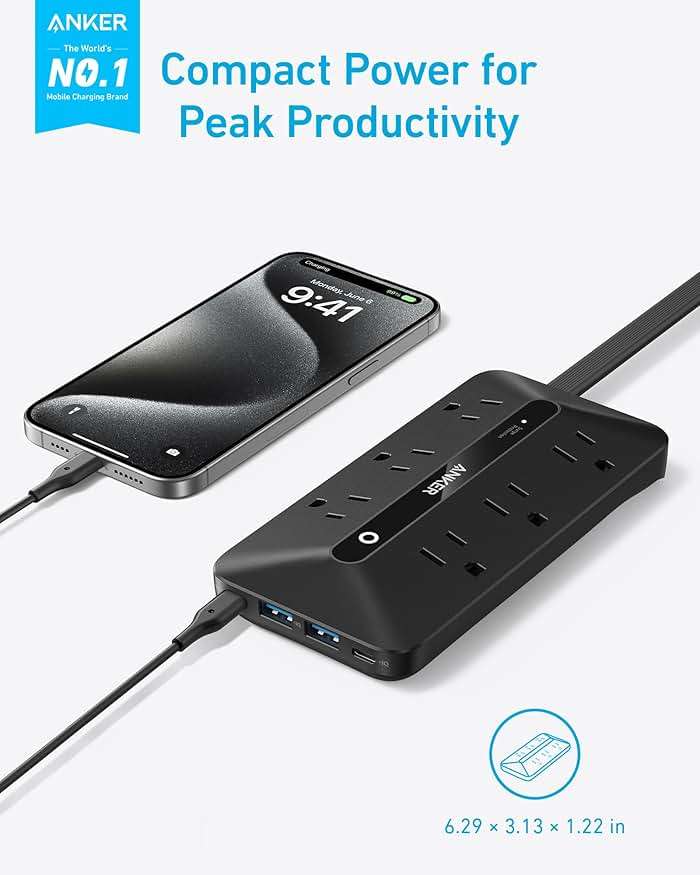 Anker Power Strip with 300J Surge Protector, Flat Plug Extension Cord with Multiple Outlets, 6 AC, 2 USB A & 2 USB C Ports for 20W, 5ft Outlet Extender, Dorm Room Essentials, Home Office - Image 2