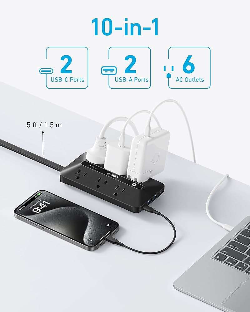 Anker Power Strip with 300J Surge Protector, Flat Plug Extension Cord with Multiple Outlets, 6 AC, 2 USB A & 2 USB C Ports for 20W, 5ft Outlet Extender, Dorm Room Essentials, Home Office - Image 3