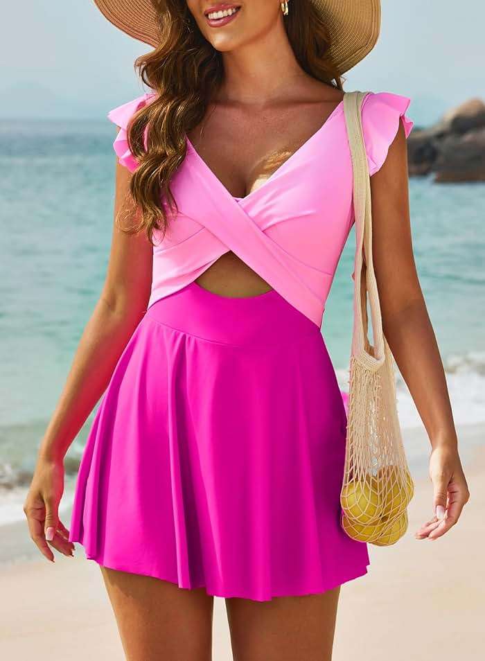 Aleumdr Women's One Piece Swimsuit Ruffle Cutout Swimdress Tummy Control V Neck Wrap Swimwear - Image 4
