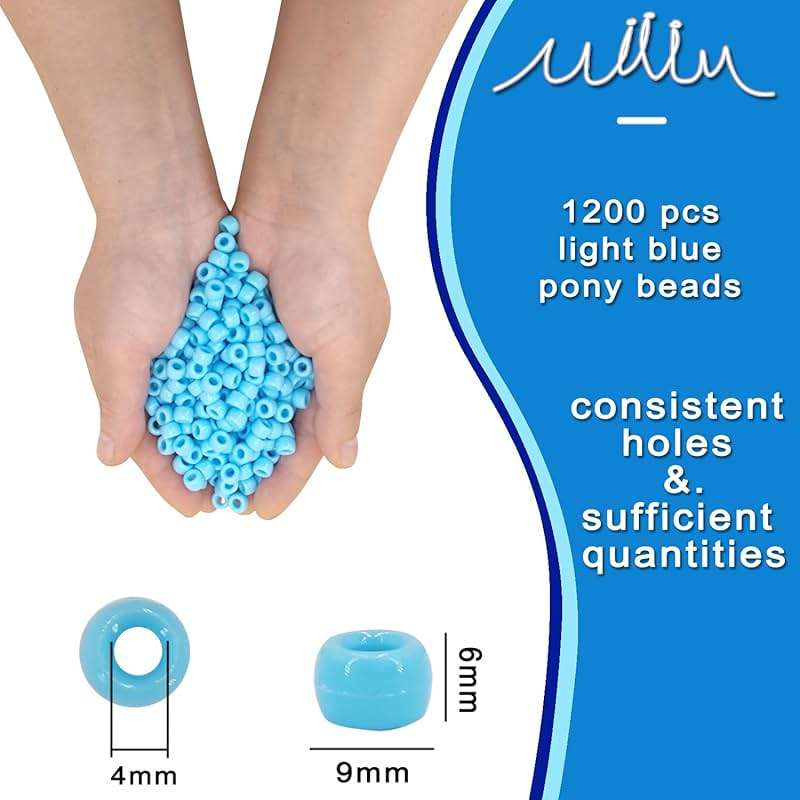 MIIIM 1200PCS 6x9mm Pony Beads Bulk, Light Blue Kandi Beads for Bracelets Making Kit, Hair Braids Crafts for Jewelry Making (Light Blue) - Image 3