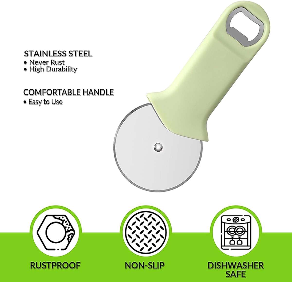 HADI KITCHENWARE Premium Stainless Steel Pizza Cutter with Bottle Opener Kitchen gadgets, Pizza Cutter Wheel - Sharp Blade Pizza Slicer and Ergonomic Non Slip Handle (Green) - Image 5