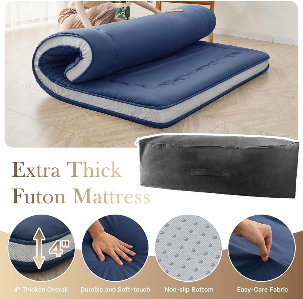 Auemtyn Japanese Floor Mattress, 4" Japanese Futon Mattress, Foldable & Portable Shiki Futon (shikibuton), Roll Up Thicken Sleeping Tatami Mat Sleeping Pad for Camping (Navy Blue, 54 x 80) - Image 2