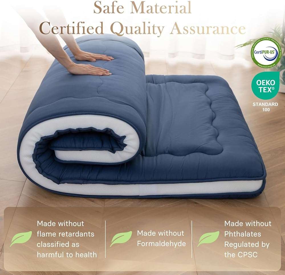Auemtyn Japanese Floor Mattress, 4" Japanese Futon Mattress, Foldable & Portable Shiki Futon (shikibuton), Roll Up Thicken Sleeping Tatami Mat Sleeping Pad for Camping (Navy Blue, 54 x 80) - Image 5