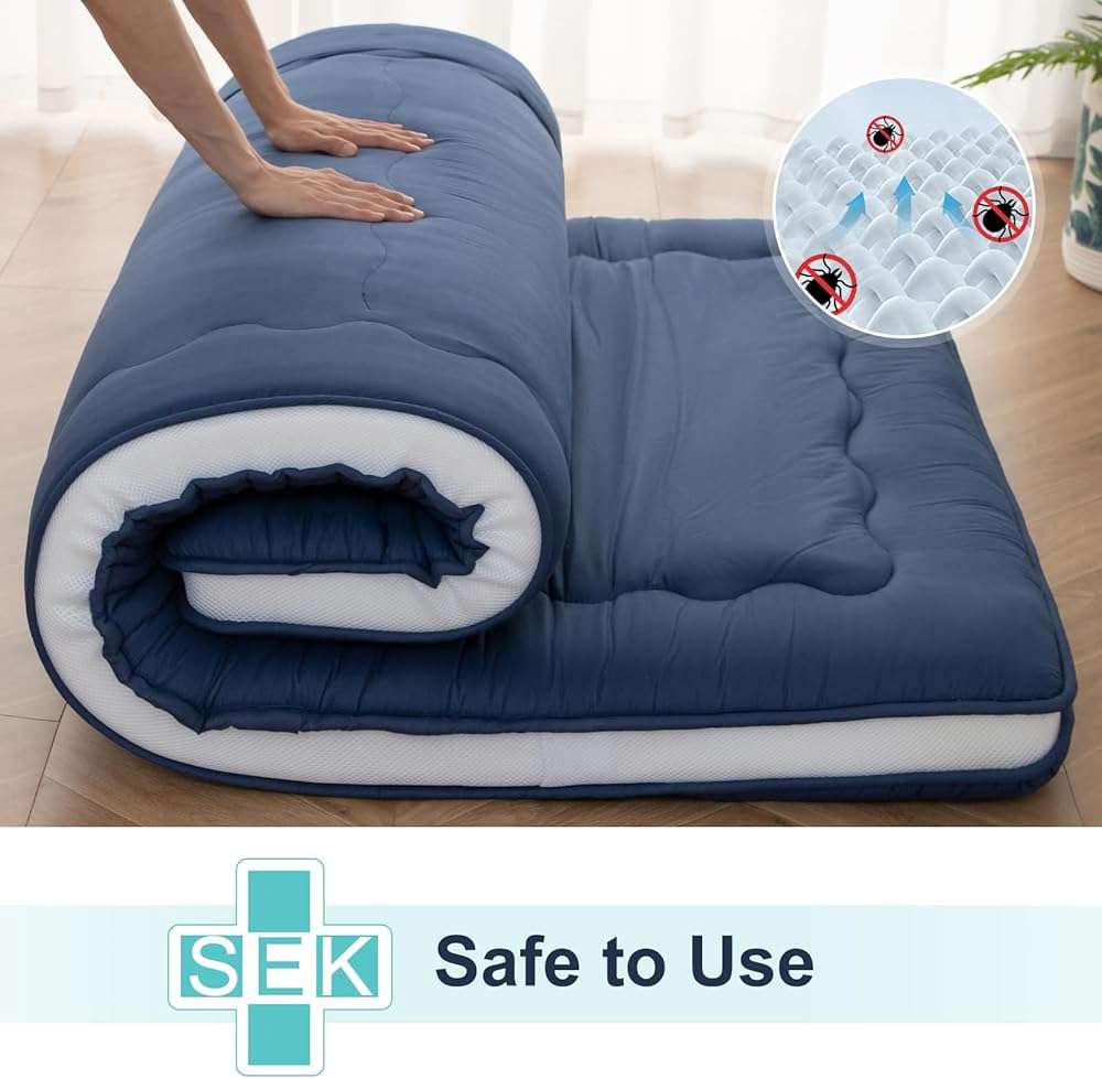 Auemtyn Japanese Floor Mattress, 4" Japanese Futon Mattress, Foldable & Portable Shiki Futon (shikibuton), Roll Up Thicken Sleeping Tatami Mat Sleeping Pad for Camping (Navy Blue, 54 x 80) - Image 6