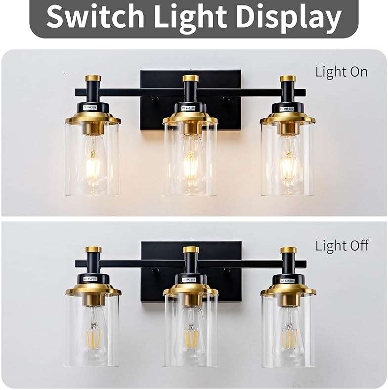 Aixialin 3 Light Bathroom Light Fixtures, Black and Brushed Gold Vanity Light Fixture Over Mirror, Modern Wall Sconces Lighting Wall Lamp for Bathroom, Bedroom, Hallway with Clear Glass Shade - Image 3