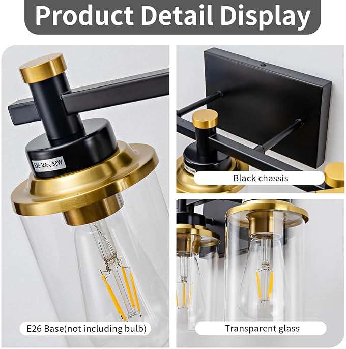 Aixialin 3 Light Bathroom Light Fixtures, Black and Brushed Gold Vanity Light Fixture Over Mirror, Modern Wall Sconces Lighting Wall Lamp for Bathroom, Bedroom, Hallway with Clear Glass Shade - Image 5