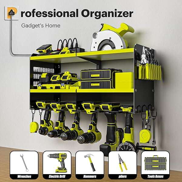 Spampur Power Tool Organizer, 15 Min Quick Assembly & Max 420lb Load by Heavy Duty Metal, 6 Slots for Cordless Drill with 4 Outlet Power Strip in Garage/Workshop/Suitable for Thanksgiving/Christmas - Image 3