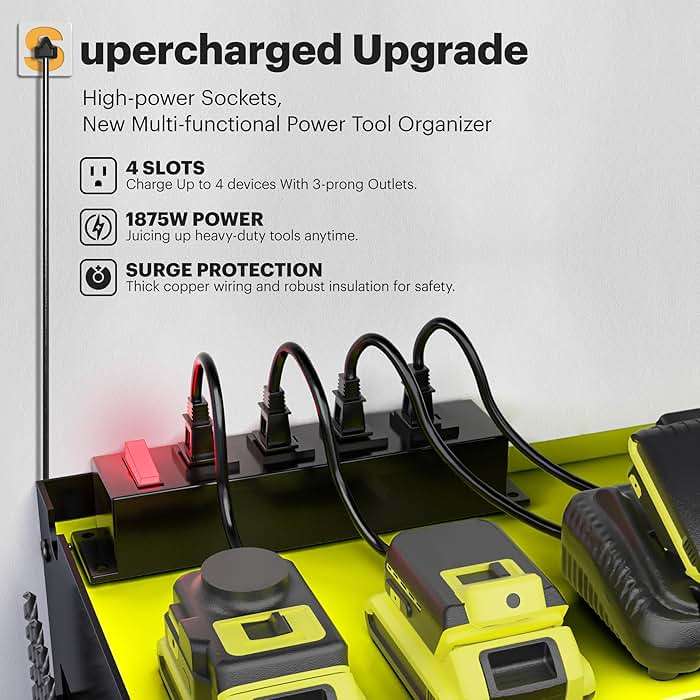 Spampur Power Tool Organizer, 15 Min Quick Assembly & Max 420lb Load by Heavy Duty Metal, 6 Slots for Cordless Drill with 4 Outlet Power Strip in Garage/Workshop/Suitable for Thanksgiving/Christmas - Image 4