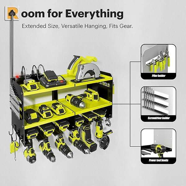 Spampur Power Tool Organizer, 15 Min Quick Assembly & Max 420lb Load by Heavy Duty Metal, 6 Slots for Cordless Drill with 4 Outlet Power Strip in Garage/Workshop/Suitable for Thanksgiving/Christmas - Image 6
