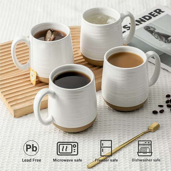 HASENSE Coffee Mugs Set of 4, 15oz Ceramic Coffee Cups with Handle, Two-Tone Design for Cappuccino Latte Tea, Large Microwave Dishwasher SafeMug Set, Housewarming Gift, Creamy White - Image 4