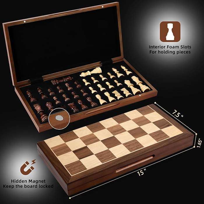 Chess Set Board Games for Adults: Handmade Walnut Wooden 15" 2 Extra Queens Folding Portable Travel Chess Game, Gift idea, Pieces Storage Slots,Instructions - Image 3