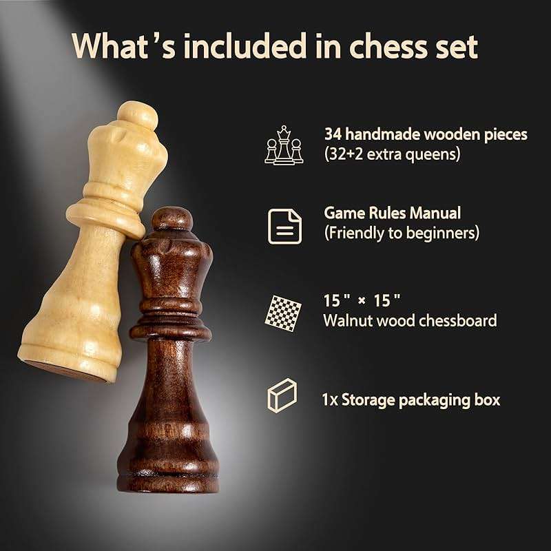 Chess Set Board Games for Adults: Handmade Walnut Wooden 15" 2 Extra Queens Folding Portable Travel Chess Game, Gift idea, Pieces Storage Slots,Instructions - Image 5