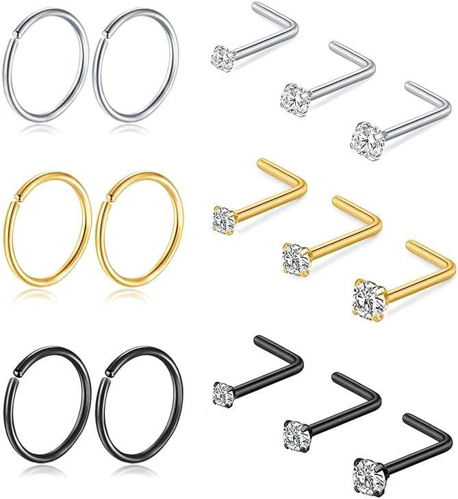 Titanium Nose Rings Hoops Studs 20G 15PCS L Shaped Screw Bone 1.5mm 2mm 2.5mm Cubic Zirconia Small Silver Black Gold Hypoallergenic Piercing Jewelry for Women Men - Image 1