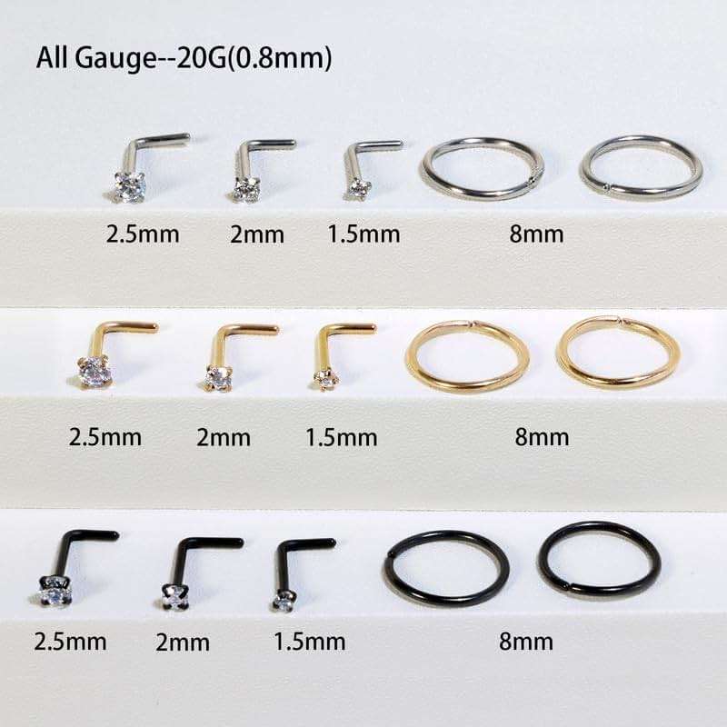 Titanium Nose Rings Hoops Studs 20G 15PCS L Shaped Screw Bone 1.5mm 2mm 2.5mm Cubic Zirconia Small Silver Black Gold Hypoallergenic Piercing Jewelry for Women Men - Image 2