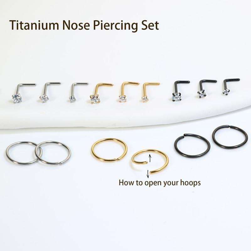 Titanium Nose Rings Hoops Studs 20G 15PCS L Shaped Screw Bone 1.5mm 2mm 2.5mm Cubic Zirconia Small Silver Black Gold Hypoallergenic Piercing Jewelry for Women Men - Image 3