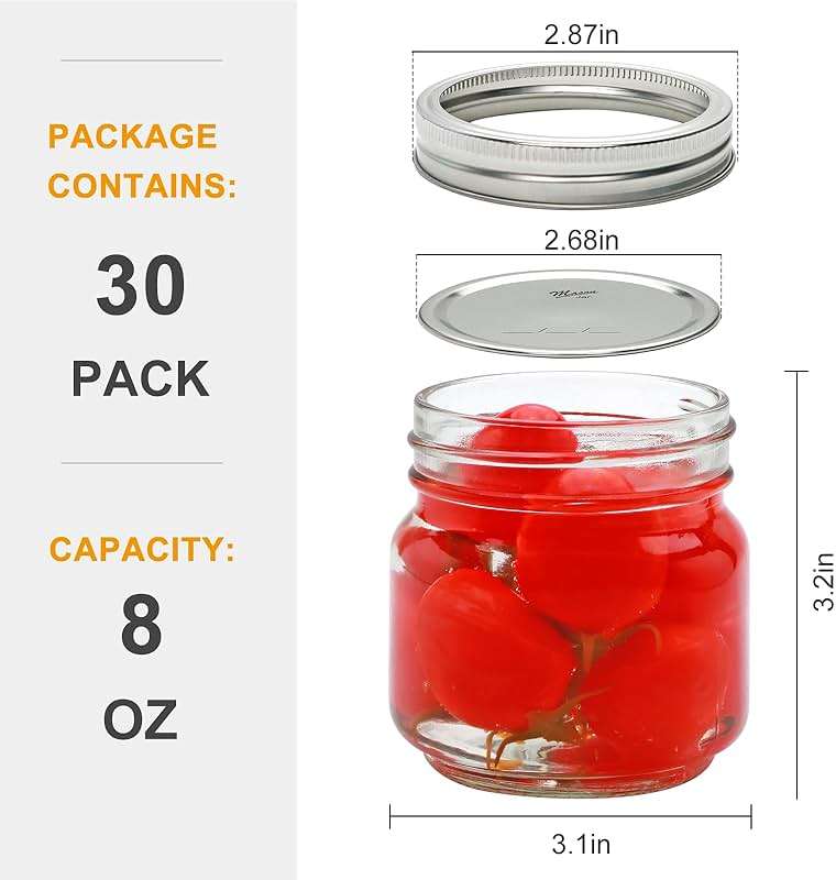 Flrolove Mason Jars 8 oz 30 Pack, Jelly Jars with Lids, Half Pint Canning Jars with Silver Lids, for Pickles, Jelly, Jam, Honey & Spice Storage, Includes 60 Labels & 2 Pens - Image 3