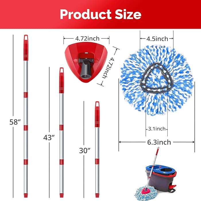 O-Cedar Spin Mop Head, Base, Handle Replacement for RinseClean 2 Tank System, 4 Microfiber Mop Refills, 1 Base and 30-58in Handle Set Combo, Blue, for Wood, Tile, Laminate, Marble - Image 2