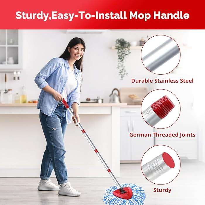 O-Cedar Spin Mop Head, Base, Handle Replacement for RinseClean 2 Tank System, 4 Microfiber Mop Refills, 1 Base and 30-58in Handle Set Combo, Blue, for Wood, Tile, Laminate, Marble - Image 7