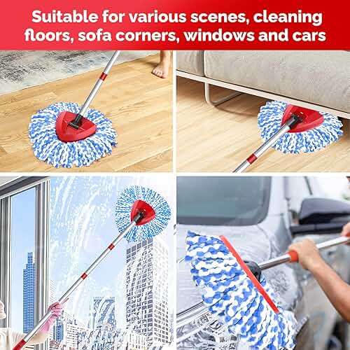 O-Cedar Spin Mop Head, Base, Handle Replacement for RinseClean 2 Tank System, 4 Microfiber Mop Refills, 1 Base and 30-58in Handle Set Combo, Blue, for Wood, Tile, Laminate, Marble - Image 9