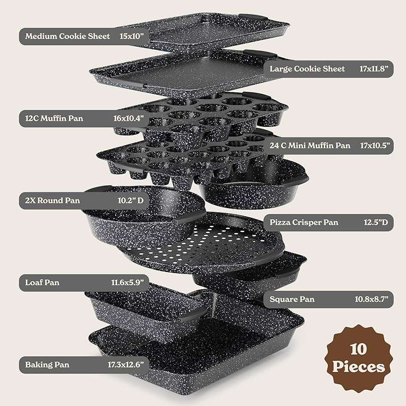 Country Kitchen Nonstick Stackable Bakeware Set - Durable, Easy Release Baking Set, Black, 10 Pcs - Image 3