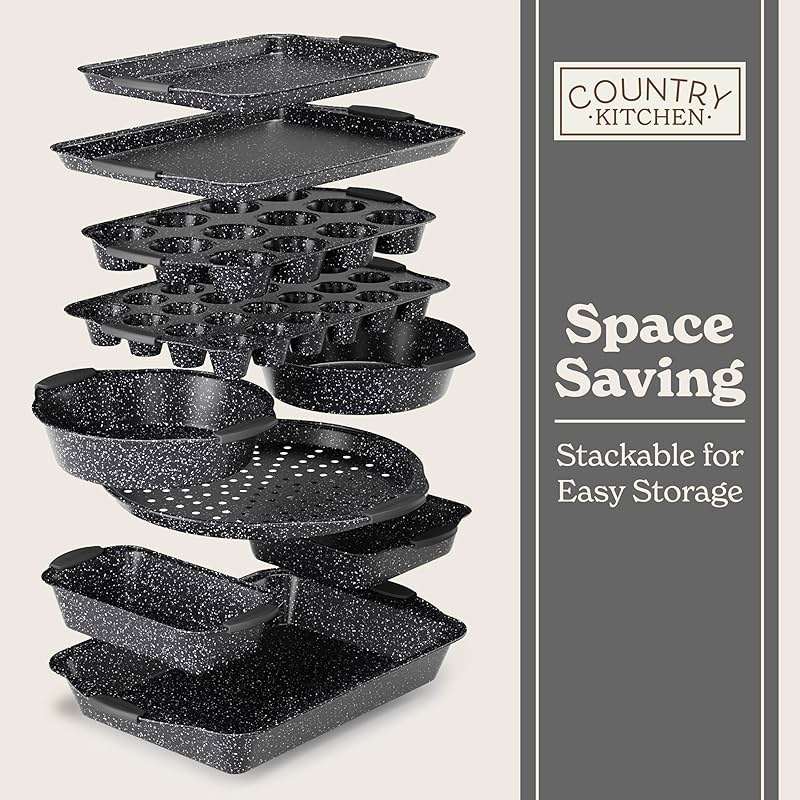 Country Kitchen Nonstick Stackable Bakeware Set - Durable, Easy Release Baking Set, Black, 10 Pcs - Image 7