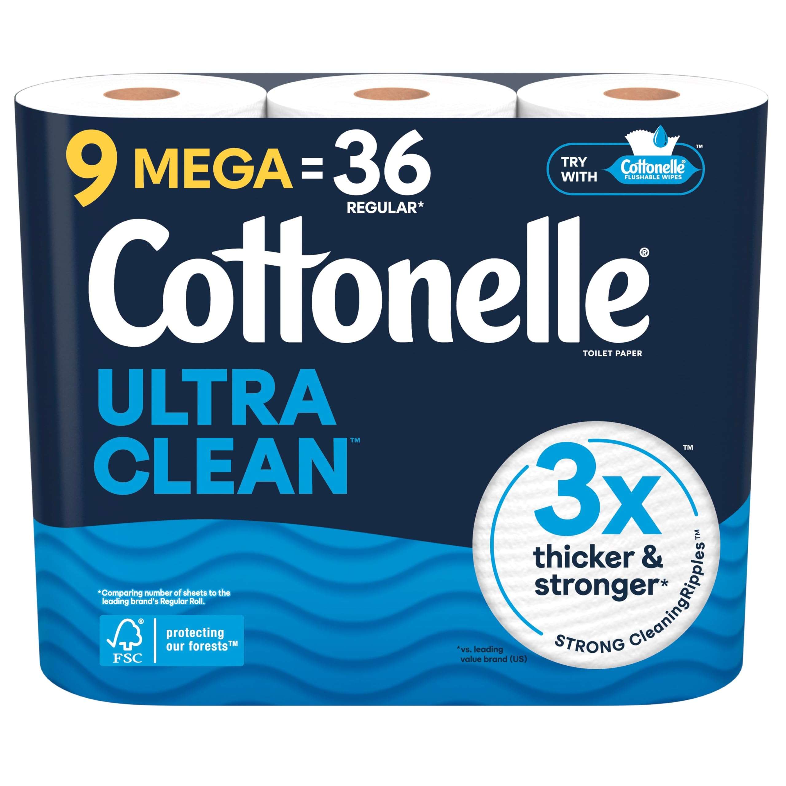 Cottonelle Ultra Clean Toilet Paper, 9 Mega Rolls = 36 Regular Rolls, Packaging May Vary - Image 1