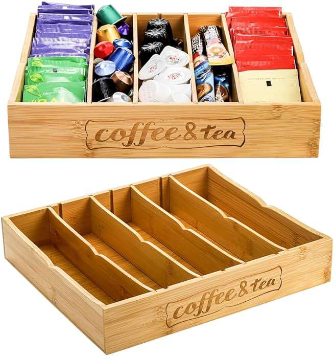 Lyellfe 2 Pack K Cup Holder for Drawers, Bamboo Tea Bag Organizer with Adjustable Dividers, Silverware Utensil Flatware Tray for Coffee Station Home Office, Kitchen - Image 1