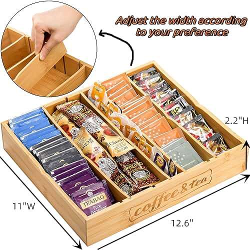 Lyellfe 2 Pack K Cup Holder for Drawers, Bamboo Tea Bag Organizer with Adjustable Dividers, Silverware Utensil Flatware Tray for Coffee Station Home Office, Kitchen - Image 3