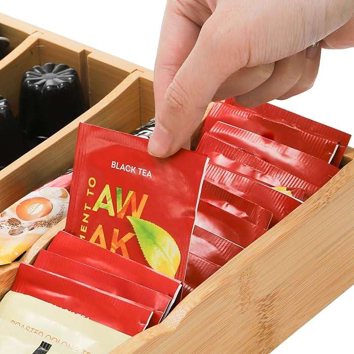 Lyellfe 2 Pack K Cup Holder for Drawers, Bamboo Tea Bag Organizer with Adjustable Dividers, Silverware Utensil Flatware Tray for Coffee Station Home Office, Kitchen - Image 4