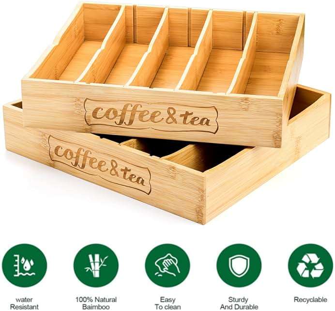 Lyellfe 2 Pack K Cup Holder for Drawers, Bamboo Tea Bag Organizer with Adjustable Dividers, Silverware Utensil Flatware Tray for Coffee Station Home Office, Kitchen - Image 5