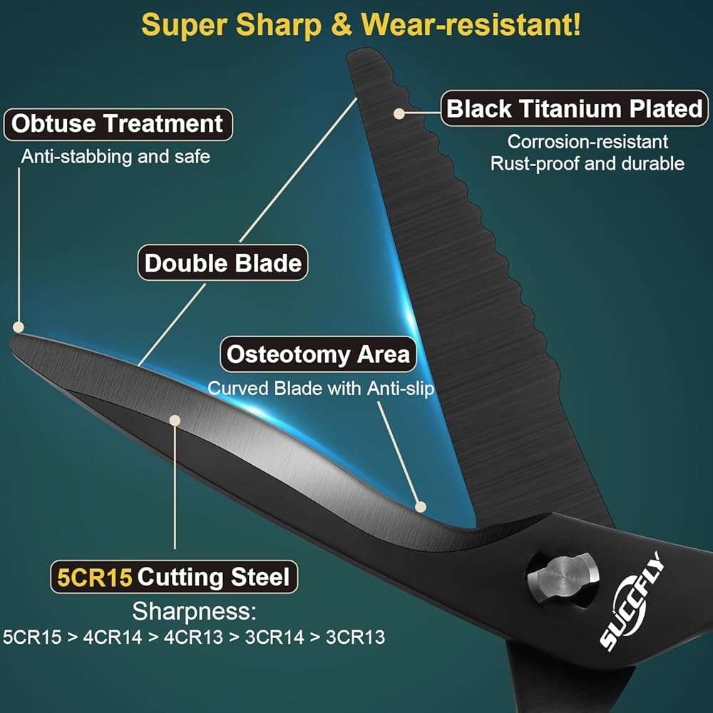 SUCCFLY Kitchen Scissors for Food,Premium Kitchen Shears Heavy Duty,8.8″Ultra Sharp Meat Scissors Detachable Blade,All Steel Poultry Shears Black Titanium Plated,Anti-Slip Cooking Scissor All Purpose - Image 3