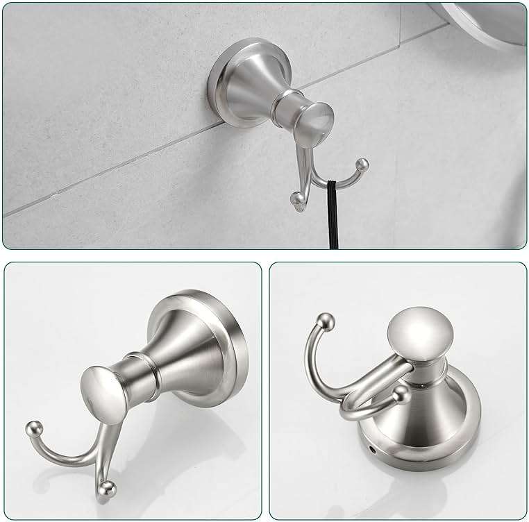 Hoimpro Brushed Nickel 4-Piece Bathroom Bath Set, Wall Mount Bathroom Hardware Fixture (Adjustable Towel Bar Rack, Towel Ring Holder, Paper Towel Holder, Double Towel Hook), Bathroom Accessories - Image 7