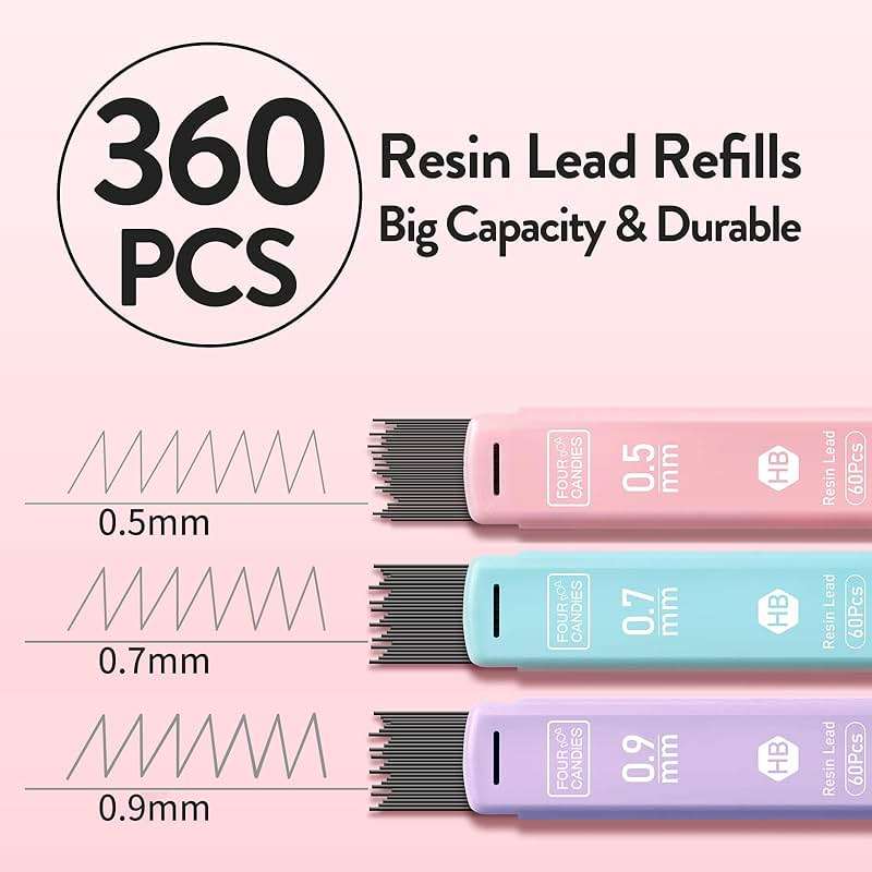 Four Candies Cute Mechanical Pencil Set, 6PCS Pastel Mechanical Pencils 0.5 mm & 0.7mm & 0.9mm with 360PCS Leads, 3PCS Erasers and 9PCS Eraser Refills, Aesthetic Pencils for Girls Writing, Art Drawing - Image 3